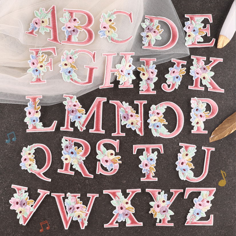 Sewing Id - 10 Pcs Pink Flowers Alphabet Embroidered