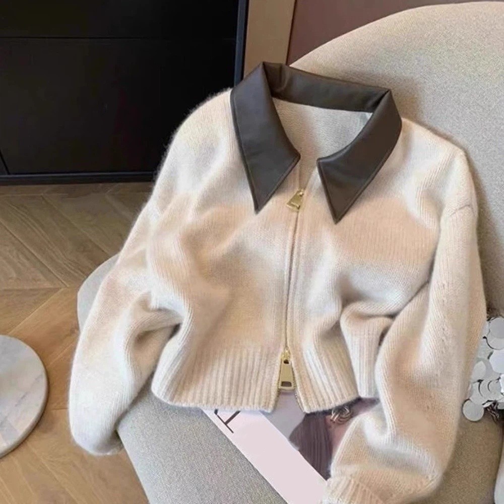 Sewing Front Zipper - Leather Collar Zipper Front Sweater Cardigan