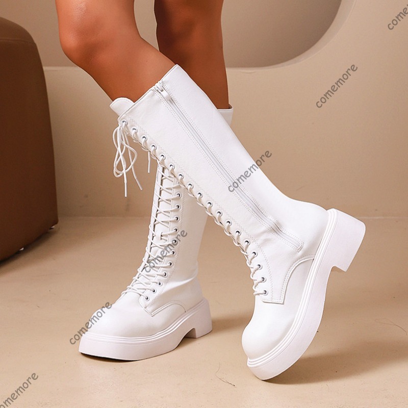 Sewing Front Zipper - Women Vintage Knee High Platform Long
